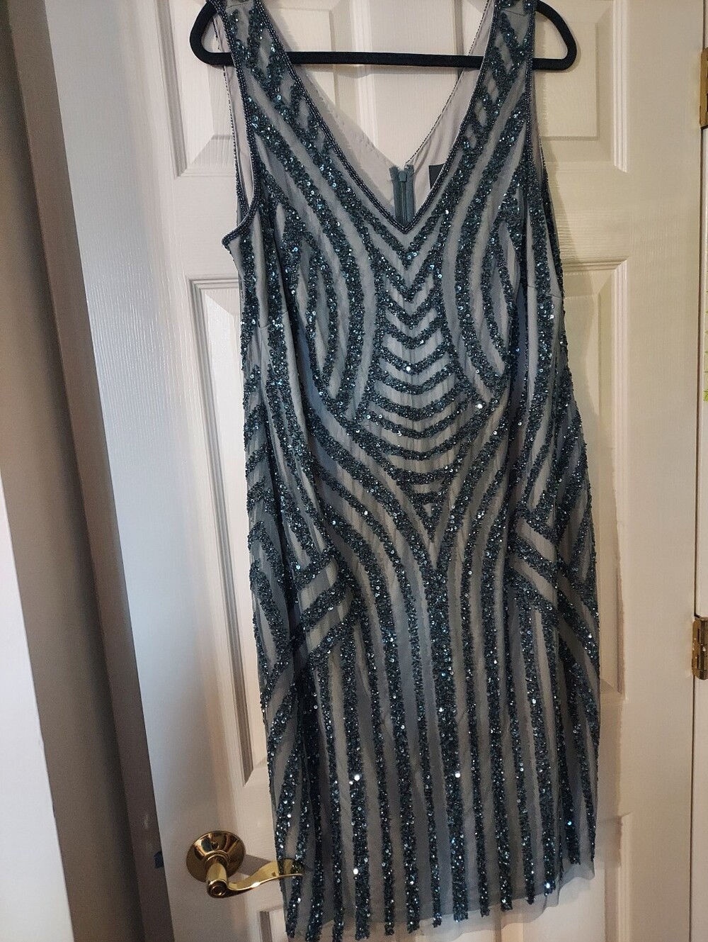 Adrianna Papell Gun Metal-blue Beaded Evening Dress Sz 16